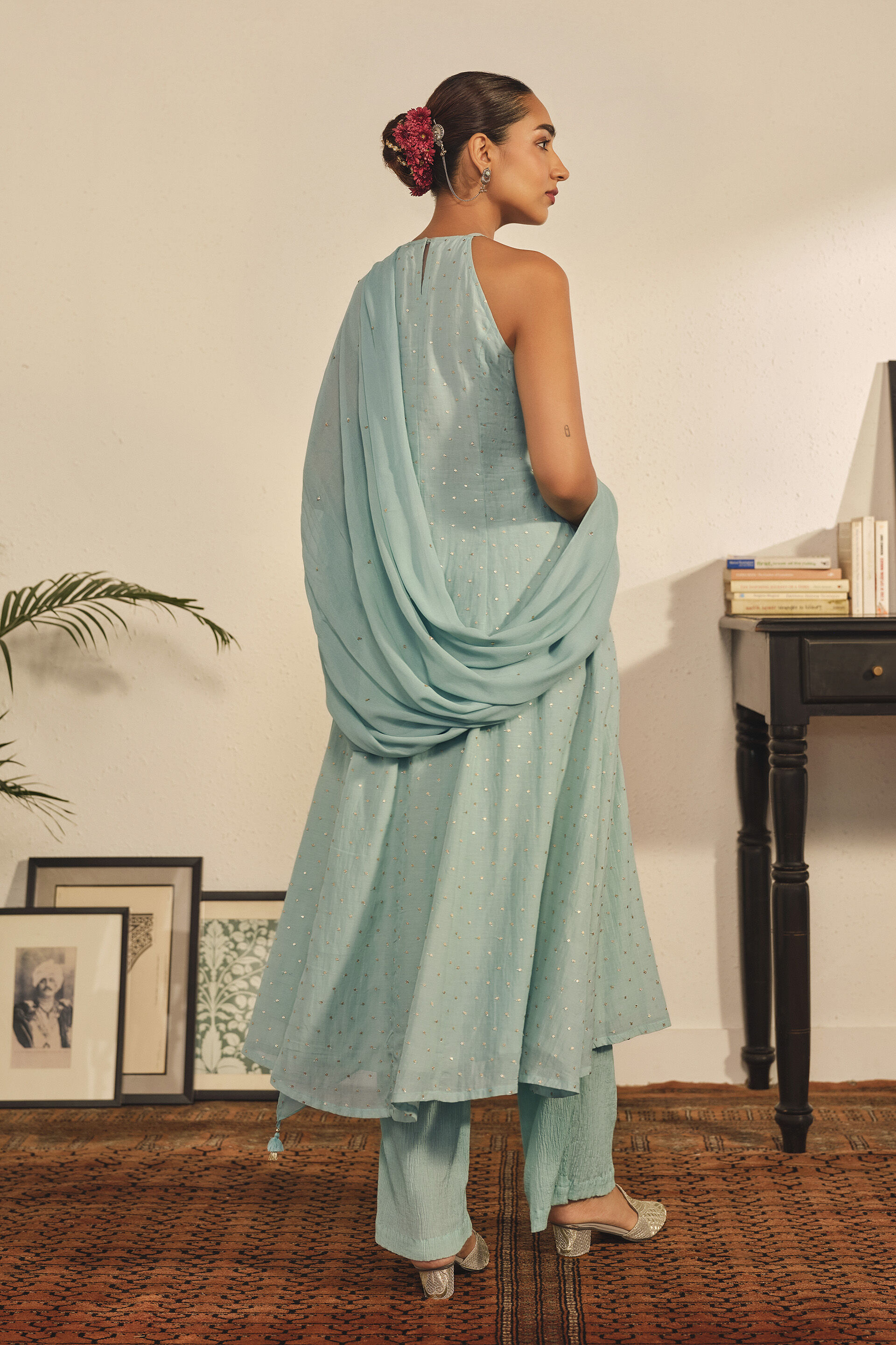 Embroidered A-line Kurta Set in Sky Blue, Sky Blue, image 3